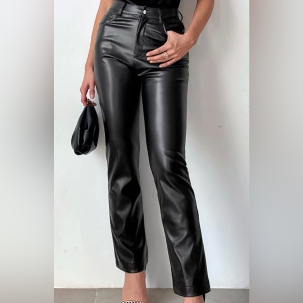 MakeMeChic Faux Leather Pants High Waisted Straight Leg Pleather Pants Black L